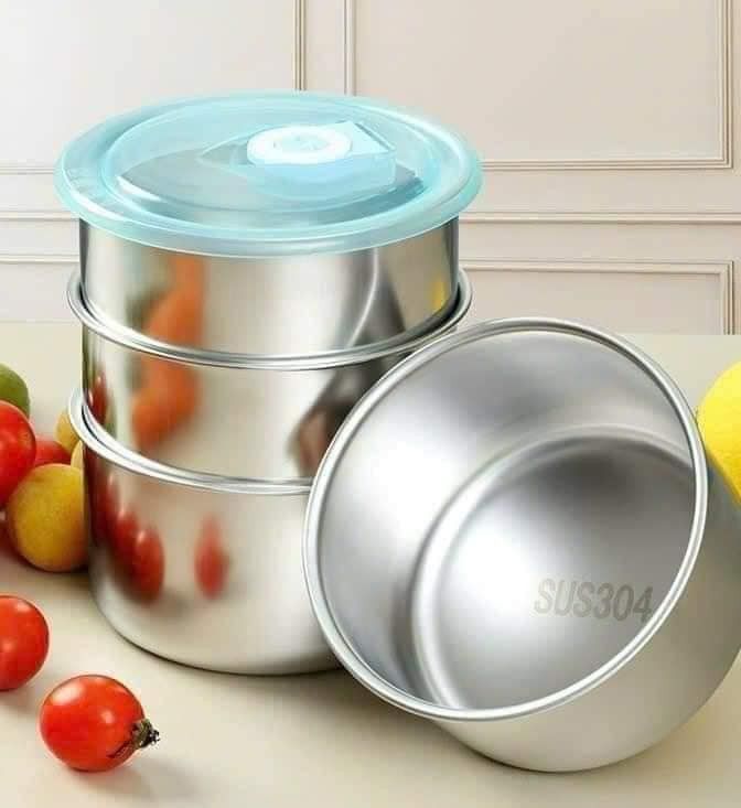HỘP INOX TRÒN CÓ NẮP HÚT HƠI - SET 5 HỘP 